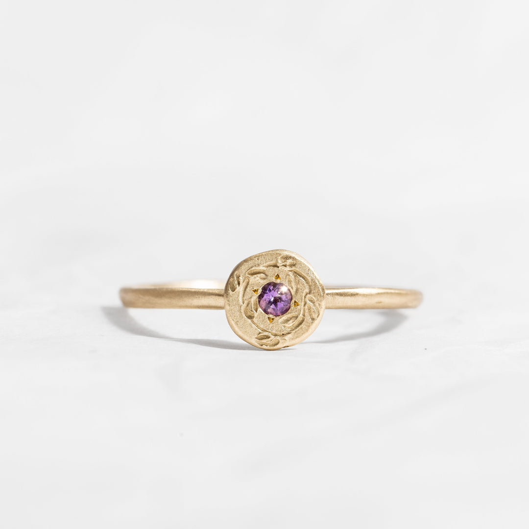 Birthstone Amethyst 14K Gold Flower Wreath Crown Engraved Ring