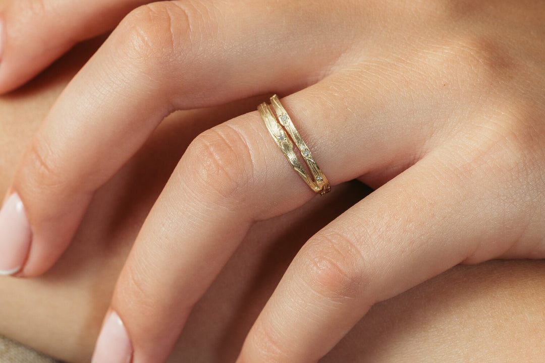 14K Yellow Gold Small Diamonds Wedding Ring, organic Engraving Ring, Split Gold Ring, Unique Ring For Her