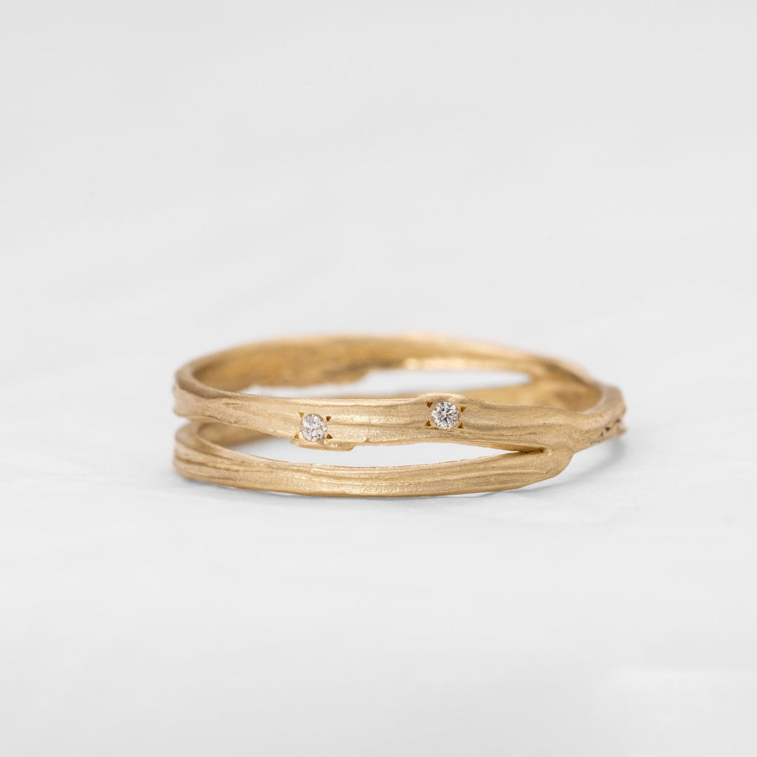 14K Yellow Gold Small Diamonds Wedding Ring, organic Engraving Ring, Split Gold Ring, Unique Ring For Her