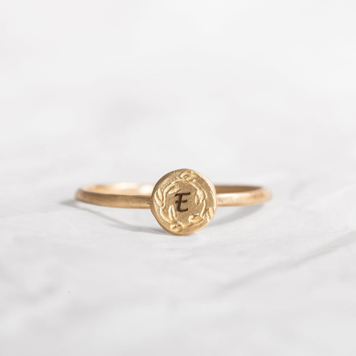 Round 14K Gold Custom Initial Floral Ring