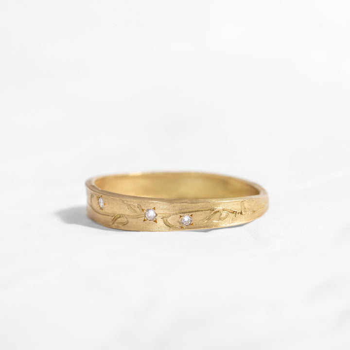 Nature Inspired 18k Solid yellow Gold Eternity Tiny Diamonds Engegement Band