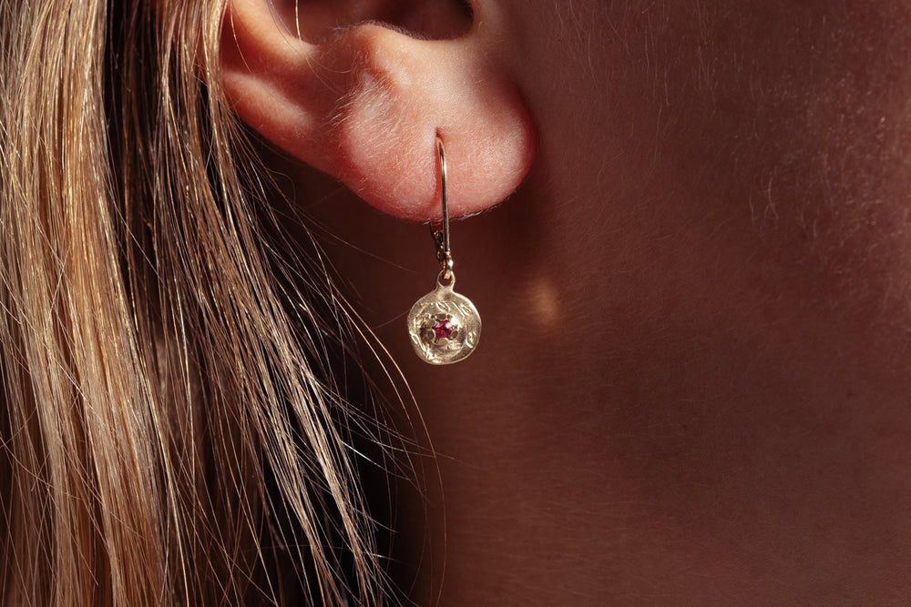 14k Solid Gold Dangle Earrings, Pomegranate Earrings, Ruby Earrings, Leverback Gold Earrings, Floral Earrings, Tiara Earrings