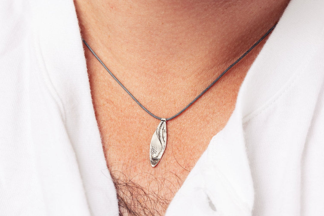 Surfboard Silver Pendant with Black Thread Necklace