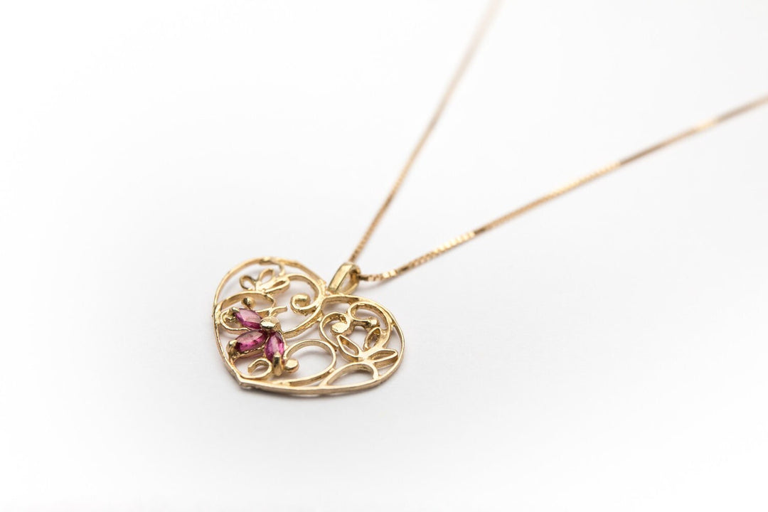 14k Gold Filigree Heart Necklace, Unique Heart Pendant Necklace, Yellow Gold Ruby Necklace, mother's Day, Ruby Heart Necklace, Gift For Her