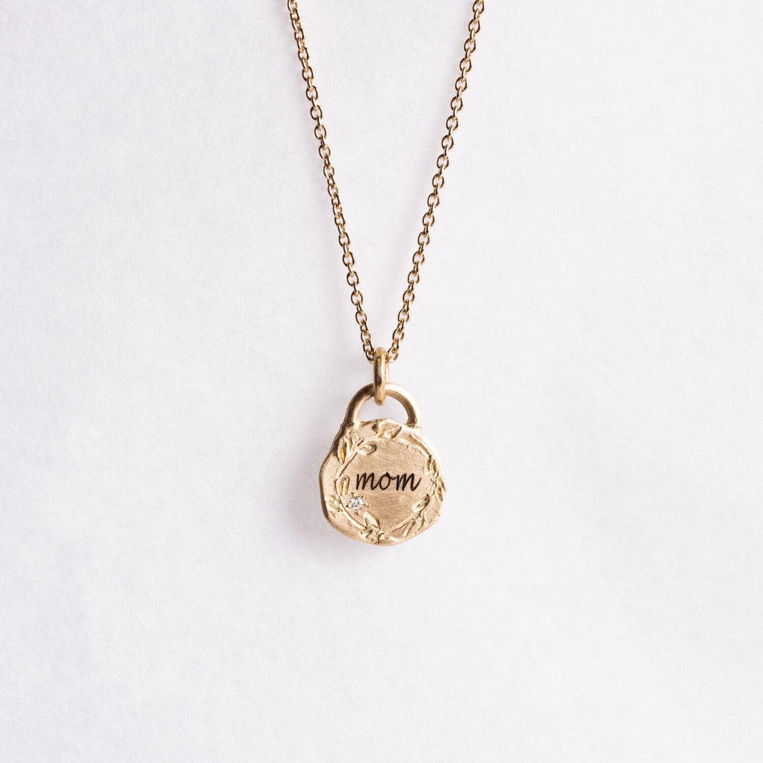 14k Solid Gold Coin Personalized Pendant Necklace, Tiny Diamond "Mom" Coin Necklace - Customized Initials / Monogramed Pendant