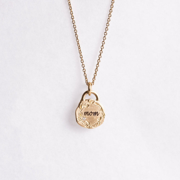 14k Solid Gold Coin Personalized Pendant Necklace, Tiny Diamond "Mom" Coin Necklace - Customized Initials / Monogramed Pendant