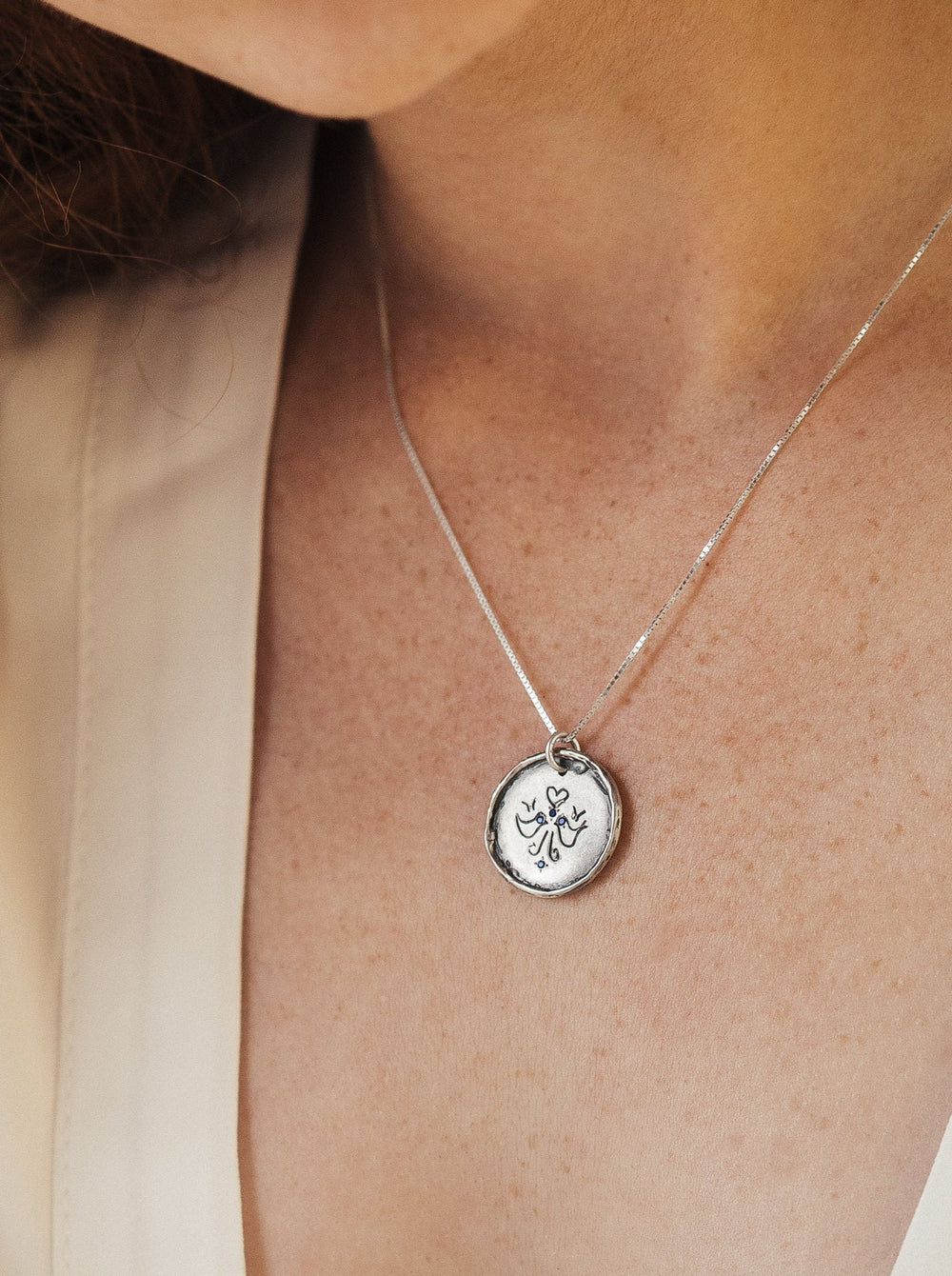 925 Sterling Silver Coin Pendant for Women| Love Birds Sapphire "Mom" Coin Necklace - Customized Initials / Monogramed Pendant