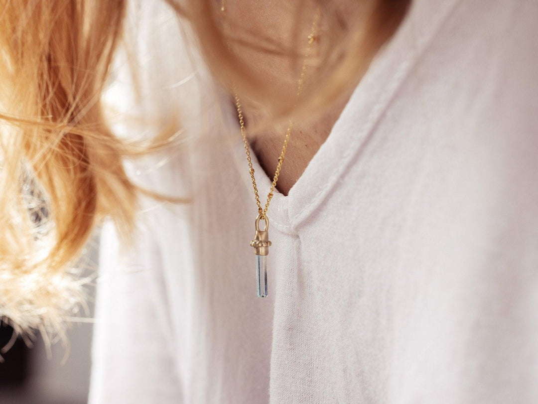 14K Solid Yellow Gold Dainty Aquamarine Quartz Pendant- Long Necklace for Her