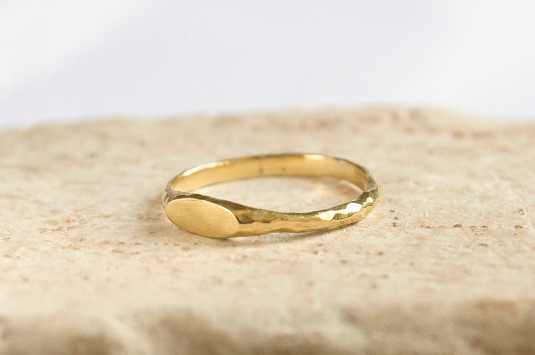14k Solid Yellow Gold Minimalist Oval Bar Ring, 14k Solid Gold Wedding Band, Dainty Signet Ring, Personalized Name Ring, Engraved Ring