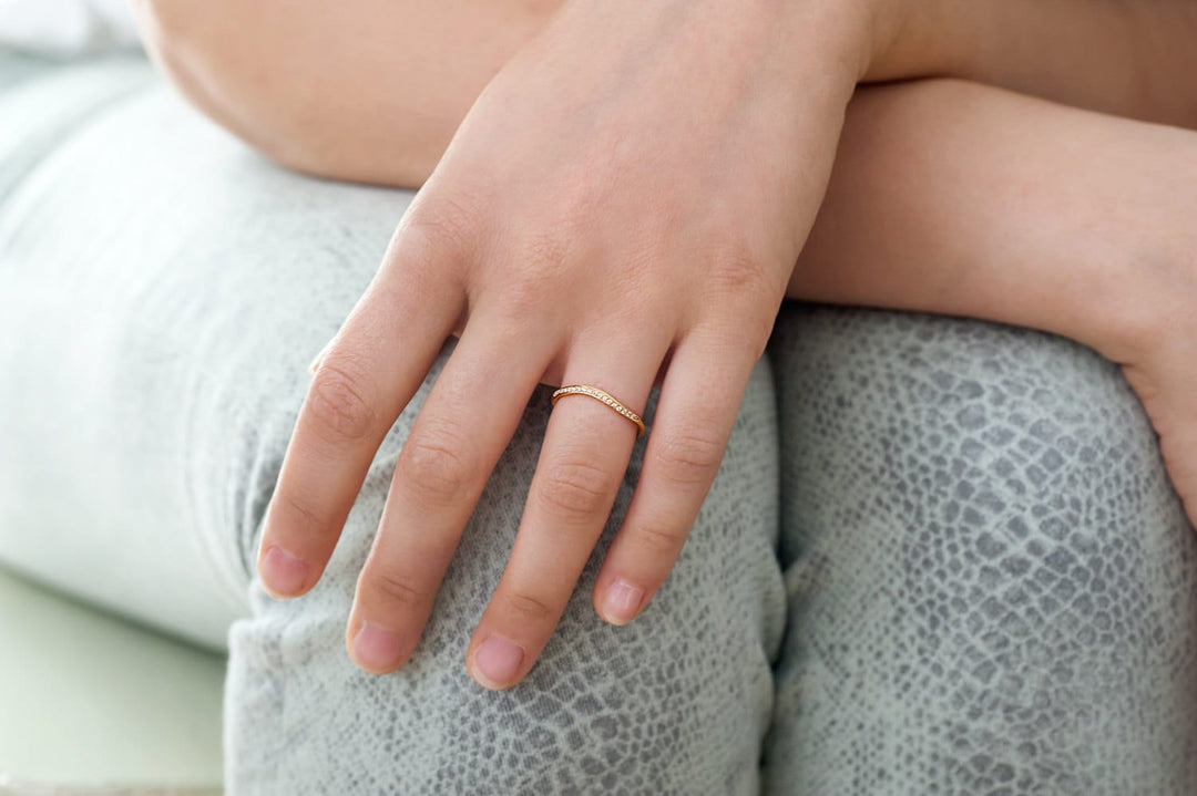 18K Solid Yellow Gold Half Eternity Diamond Wedding Ring, Delicate Matte Stacking Ring, Unique Women Diamond Ring, Hand sculpted Wave Ring