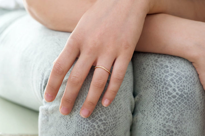 18K Solid Yellow Gold Half Eternity Diamond Wedding Ring, Delicate Matte Stacking Ring, Unique Women Diamond Ring, Hand sculpted Wave Ring