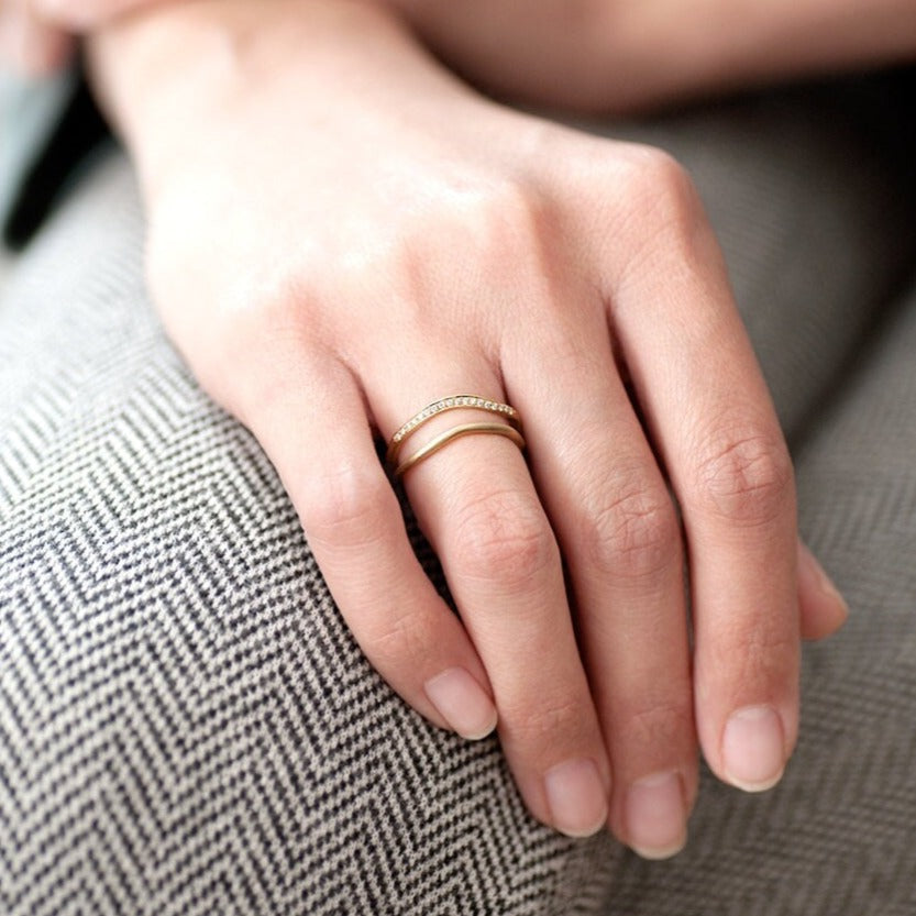 18K Solid Yellow Gold Half Eternity Diamond Wedding Ring Set, Delicate Matte Stacking Engagement Ring, Unique Women Diamond Ring