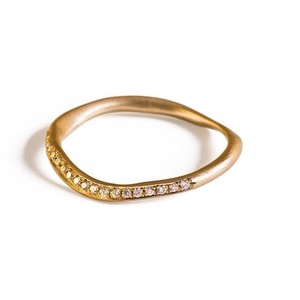 18K Solid Yellow Gold Half Eternity Diamond Wedding Ring Set, Delicate Matte Stacking Engagement Ring, Unique Women Diamond Ring