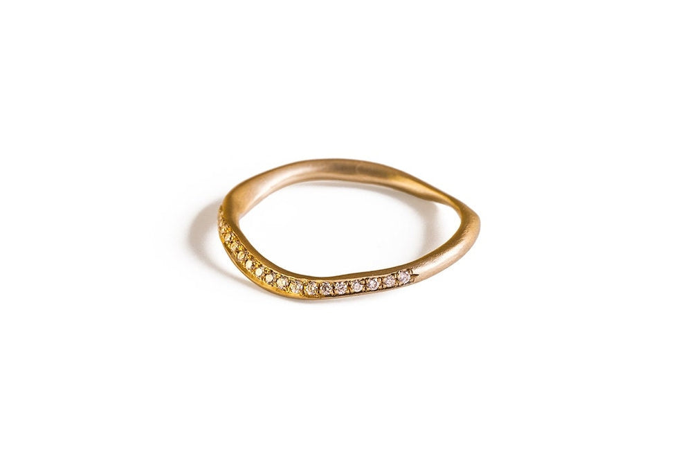 14K Solid Yellow Gold Half Eternity Diamond Wedding Ring Set, Delicate Matte Stacking Engagement Ring, Unique Women Diamond Ring