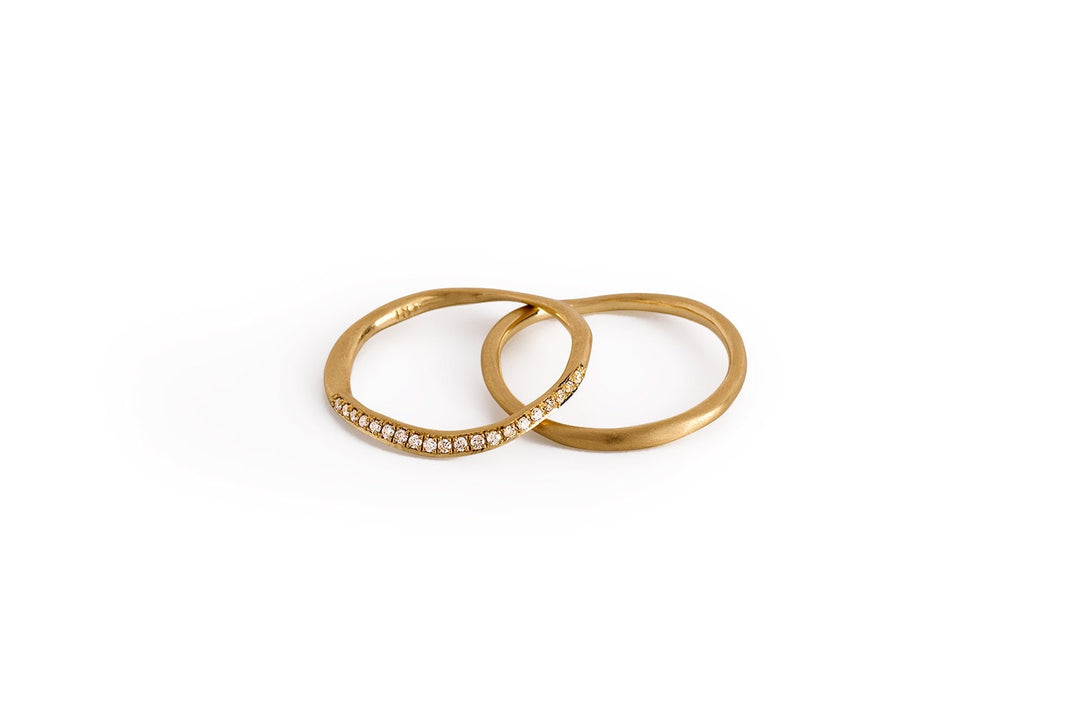 18K Solid Yellow Gold Half Eternity Diamond Wedding Ring Set, Delicate Matte Stacking Engagement Ring, Unique Women Diamond Ring