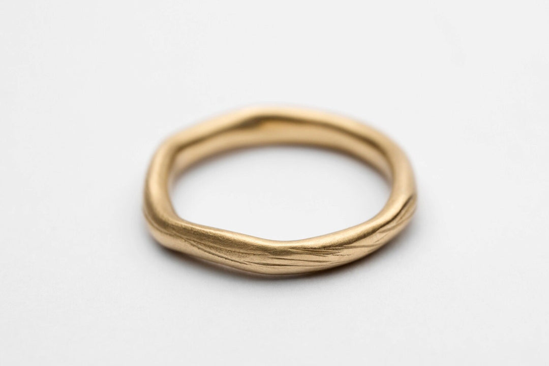 Unique Wedding Band, 14K Solid Gold Sculptured Ring, Wavy Woman Ring, Brushed Gold Ring, 2mm Chunky Gold Ring  For Women